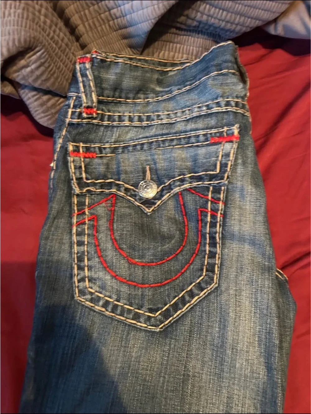 True Religion Blue Denim Jeans with Red Stitching